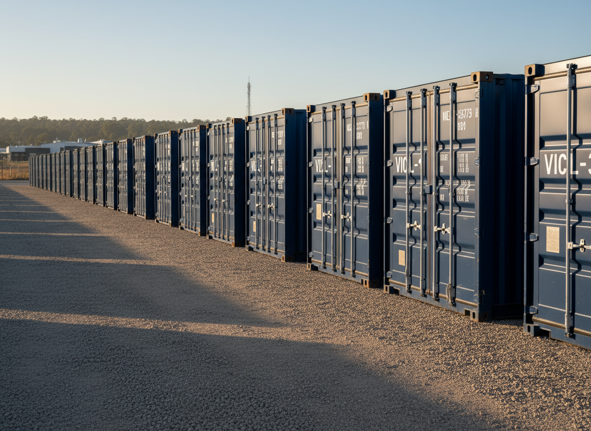 A row of pristine, dark blue steel shipping containers lined up neatly on a clean gravel yard, each container showing crisp white identification numbers and subtle corrugation texture along the sides. The scene is set on a clear day in regional Victoria, with distant tree lines and low industrial buildings softly blurred in the background. Warm late afternoon sunlight casts long, defined shadows beside the containers, highlighting their solid structure and wind- and watertight doors. Captured at eye level with a slightly wide angle for strong perspective lines, the photographic realism emphasizes durability, order, and professionalism in a calm, trustworthy atmosphere suitable for a supplier’s homepage banner.