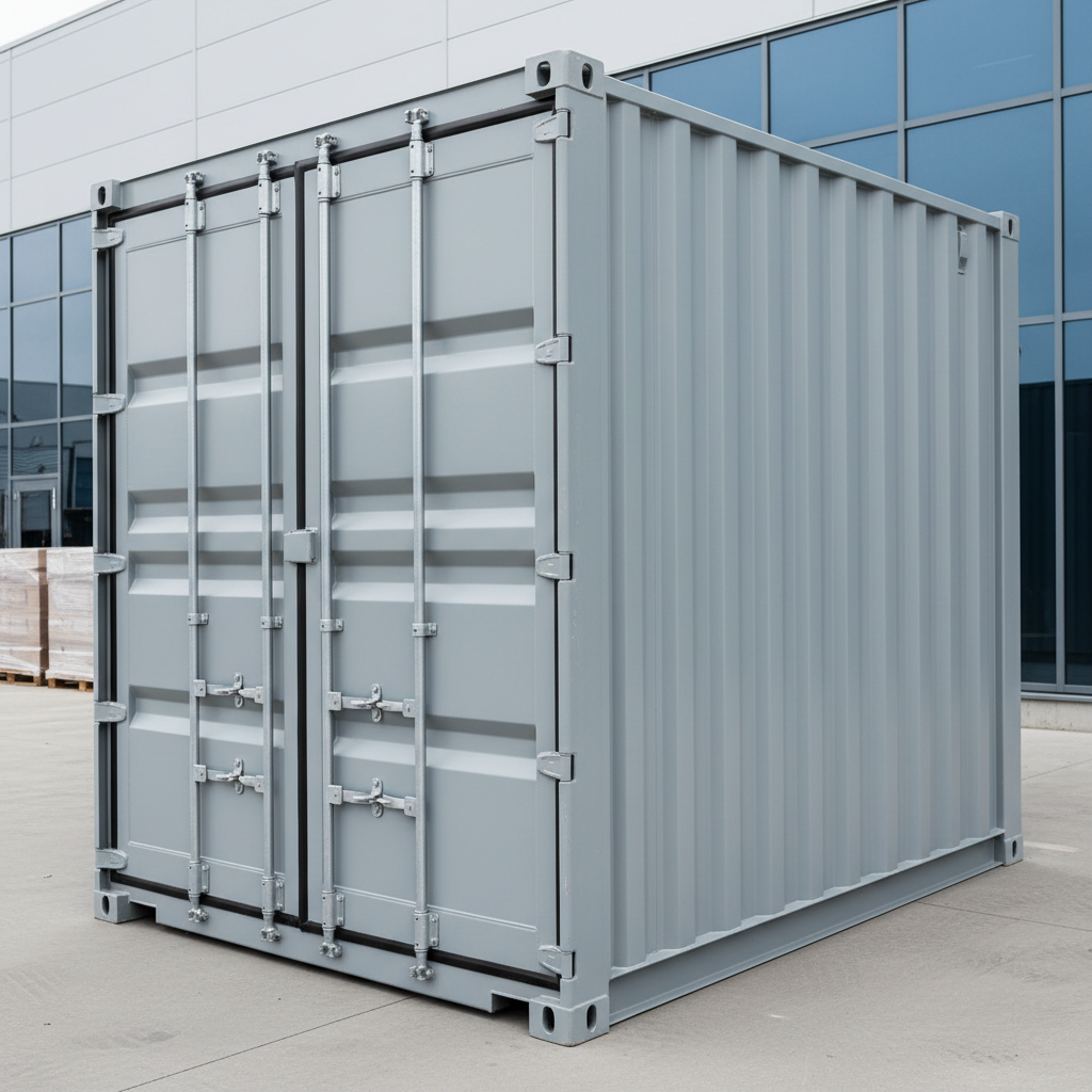 A single high-quality new shipping container in light grey, doors closed and perfectly aligned, positioned on a level concrete pad beside a modern warehouse. The steel surfaces are clean with a subtle satin finish, door locking bars and hinges clearly defined, and rubber door seals visible at the edges. Soft overcast daylight creates even, diffused lighting with minimal shadows, allowing all structural details to be clearly seen. Shot from a three-quarter angle at eye level, the container dominates the frame while the warehouse and a few stacked pallets remain gently out of focus. The photographic, clean and modern style communicates reliability, precision, and professional-grade storage solutions.