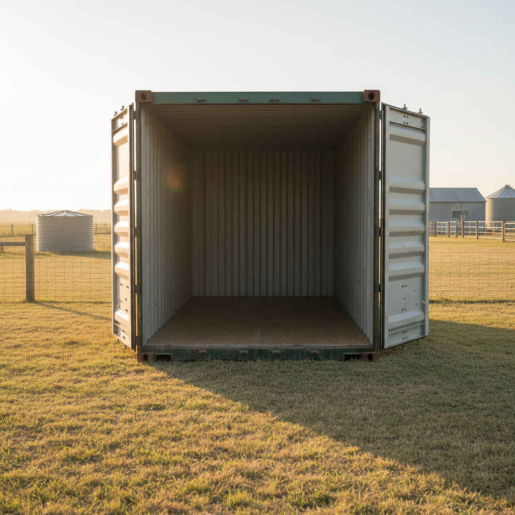 A weathered but structurally sound used shipping container in dark green, doors open to reveal a clean, empty interior with ribbed steel walls and a smooth plywood floor. It sits on a flat patch of short grass at the edge of a rural Victorian property, with a wire fence, small water tank, and distant farm sheds gently blurred in the background. Warm golden-hour sunlight streams in from behind the camera, illuminating the interior and casting long, soft shadows across the floor. Captured at eye level, framed so the viewer looks slightly into the container, the photographic realism and calm countryside mood emphasize practicality, storage capacity, and suitability for farms and acreage use.