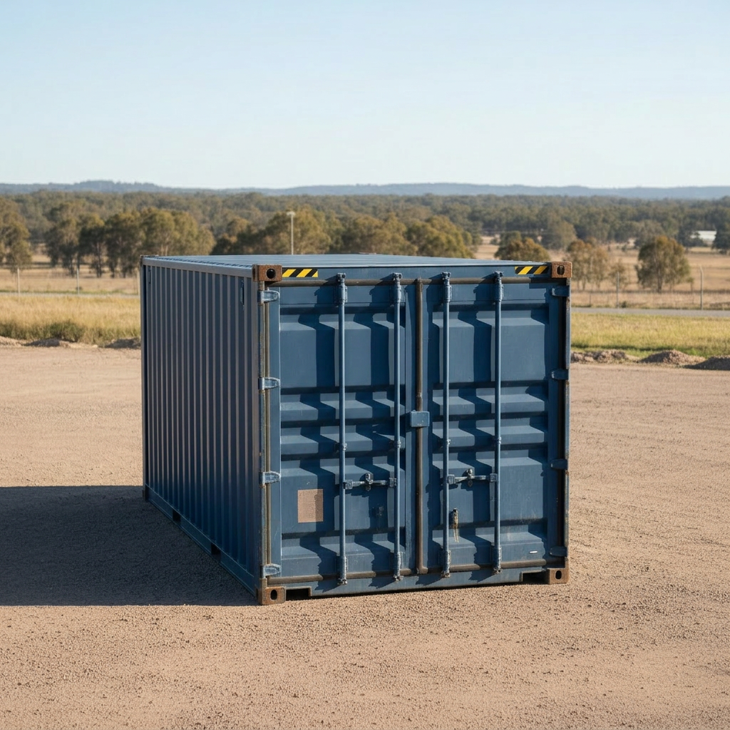 shipping containers A contrasting pair of shipping containers, one brand-new in fresh marine blue and one used with light, honest wear such as small scuffs and slightly faded paint, positioned side by side on a compacted gravel depot in Victoria. The camera is placed at a slightly elevated angle, showing the container roofs with visible corrugations, corner castings, and tie-down points. Late morning sunlight from the left creates gentle highlights along the ridges and soft shadows between them, enhancing texture without looking harsh. The background includes a blurred rural treeline and low hills, suggesting regional service coverage. The photographic realism and balanced composition convey choice, value, and trust in both new and used options.