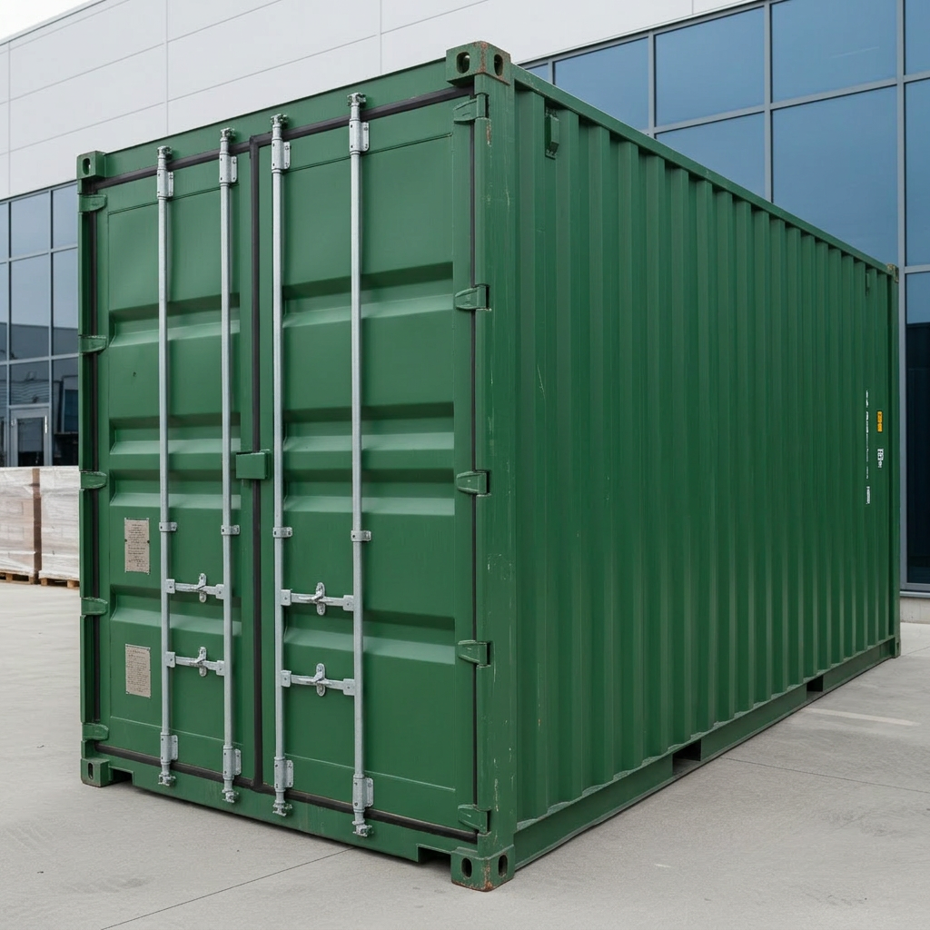 shipping containers A single high-quality new shipping container in light grey, doors closed and perfectly aligned, positioned on a level concrete pad beside a modern warehouse. The steel surfaces are clean with a subtle satin finish, door locking bars and hinges clearly defined, and rubber door seals visible at the edges. Soft overcast daylight creates even, diffused lighting with minimal shadows, allowing all structural details to be clearly seen. Shot from a three-quarter angle at eye level, the container dominates the frame while the warehouse and a few stacked pallets remain gently out of focus. The photographic, clean and modern style communicates reliability, precision, and professional-grade storage solutions.