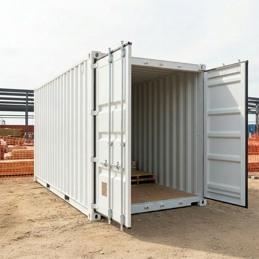 shipping containers A modified shipping container office unit in clean white, fitted with a modern aluminium-framed window and a solid steel entry door, positioned on a compacted dirt area at the edge of a construction site. Around it, temporary fencing, stacked timber, and a partially built steel structure are softly blurred, hinting at an active project environment. Midday sunlight is slightly diffused by thin clouds, giving bright but soft lighting with muted shadows. Shot from a three-quarter low angle, the container office appears sturdy, secure, and practical, with crisp lines and well-defined details. The photographic, professional style highlights the container’s versatility for construction site offices and project infrastructure.